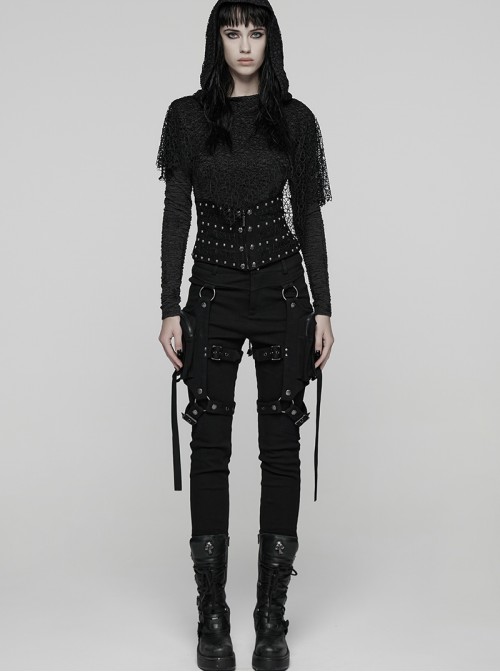 Black Woven Splicing Mesh Personalized Waist-Cinching Design Metal Rivets Punk Style Corset