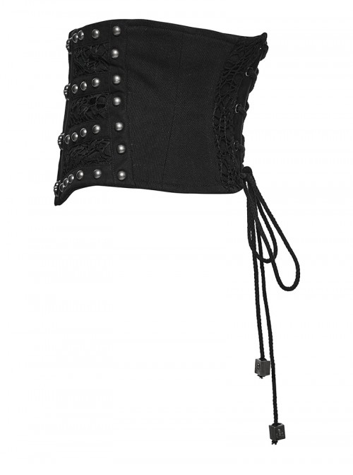 Black Woven Splicing Mesh Personalized Waist-Cinching Design Metal Rivets Punk Style Corset
