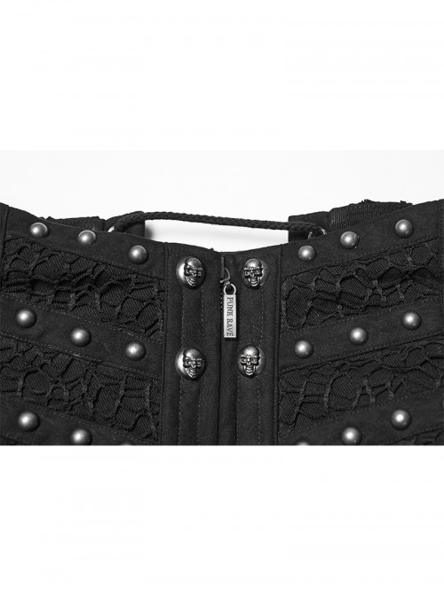 Black Woven Splicing Mesh Personalized Waist-Cinching Design Metal Rivets Punk Style Corset