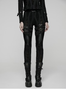 Black Stretch Knit Sides Layering Decorative Straps With Buckles Decadent Punk Style Leggings