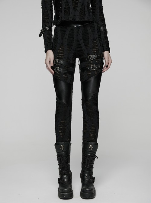 Black Stretch Knit Sides Layering Decorative Straps With Buckles Decadent Punk Style Leggings