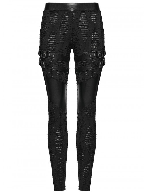 Black Stretch Knit Sides Layering Decorative Straps With Buckles Decadent Punk Style Leggings