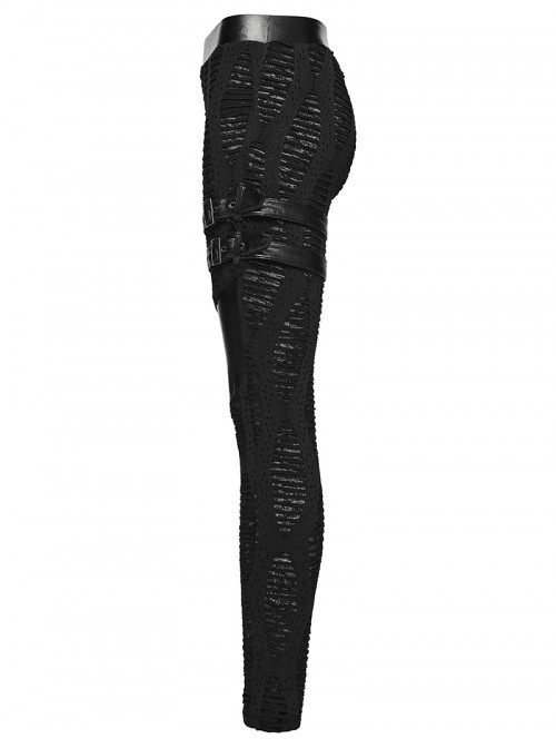 Black Stretch Knit Sides Layering Decorative Straps With Buckles Decadent Punk Style Leggings