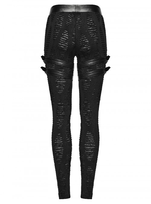 Black Stretch Knit Sides Layering Decorative Straps With Buckles Decadent Punk Style Leggings