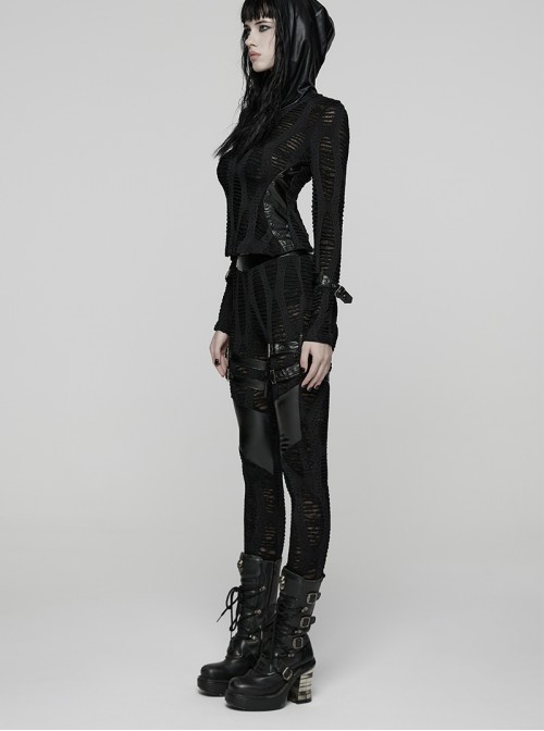 Black Stretch Knit Sides Layering Decorative Straps With Buckles Decadent Punk Style Leggings
