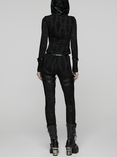 Black Stretch Knit Sides Layering Decorative Straps With Buckles Decadent Punk Style Leggings