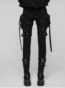 Black Stretch Twill Splicing Mesh Detachable 3D Leg Pockets Punk Style Leggings