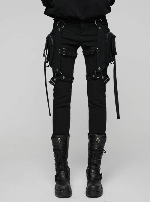 Black Stretch Twill Splicing Mesh Detachable 3D Leg Pockets Punk Style Leggings