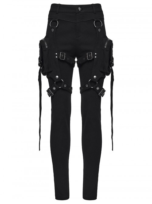 Black Stretch Twill Splicing Mesh Detachable 3D Leg Pockets Punk Style Leggings