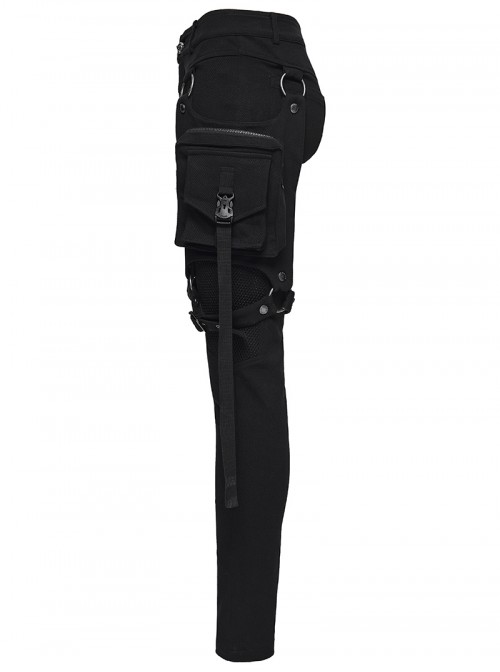 Black Stretch Twill Splicing Mesh Detachable 3D Leg Pockets Punk Style Leggings
