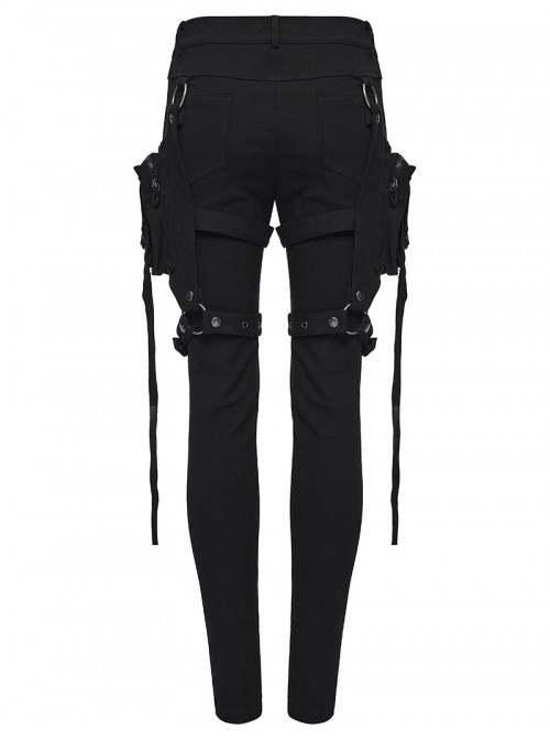 Black Stretch Twill Splicing Mesh Detachable 3D Leg Pockets Punk Style Leggings