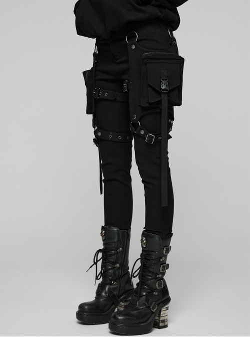 Black Stretch Twill Splicing Mesh Detachable 3D Leg Pockets Punk Style Leggings