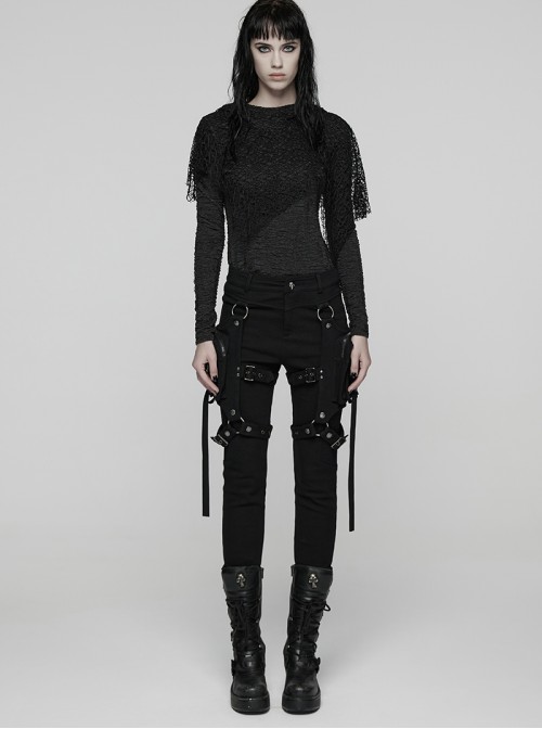 Black Stretch Twill Splicing Mesh Detachable 3D Leg Pockets Punk Style Leggings