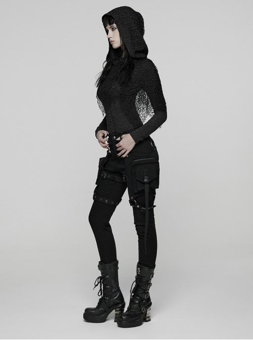 Black Stretch Twill Splicing Mesh Detachable 3D Leg Pockets Punk Style Leggings