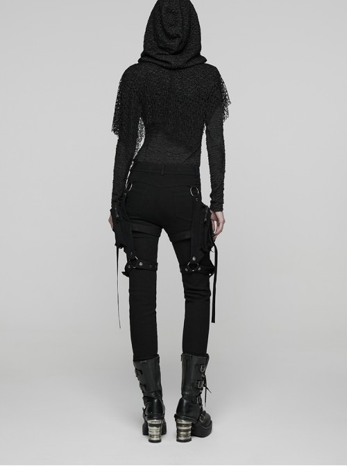 Black Stretch Twill Splicing Mesh Detachable 3D Leg Pockets Punk Style Leggings