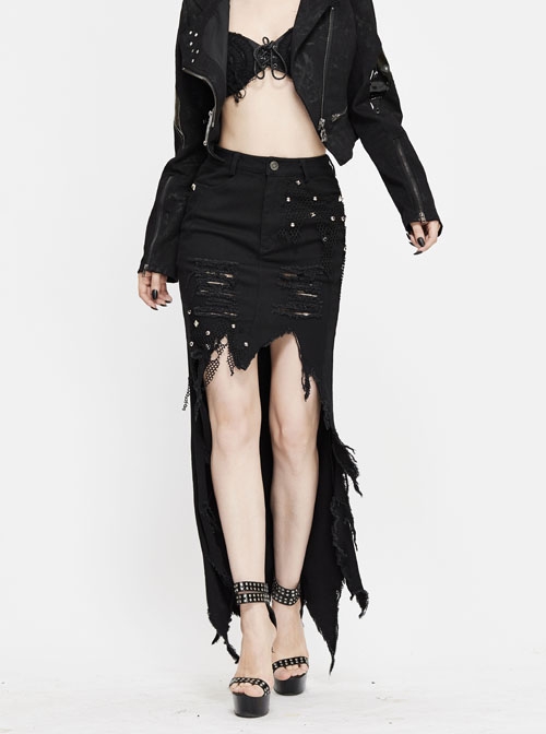 Black Twill Front Short Long Back Broken Holes Mesh Rivet Fishtail Punk Half Skirt