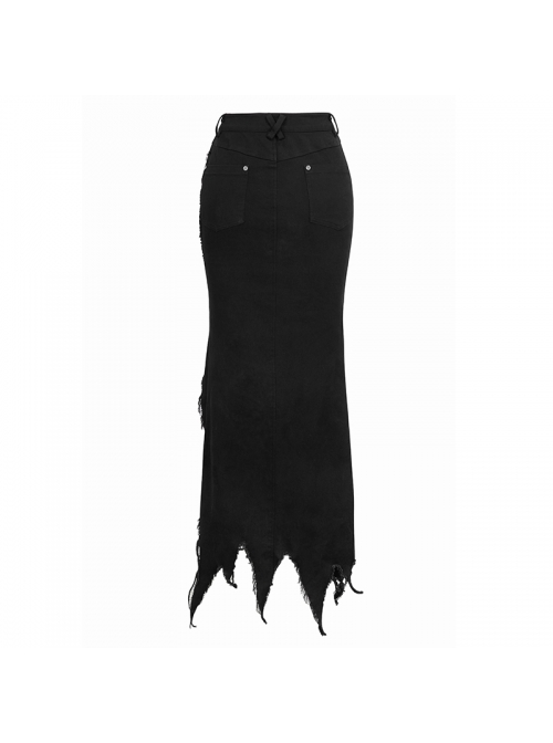 Black Twill Front Short Long Back Broken Holes Mesh Rivet Fishtail Punk Half Skirt
