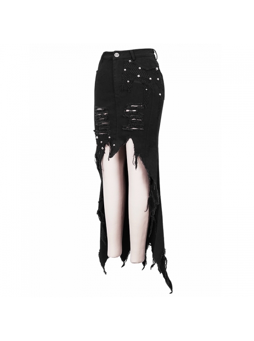Black Twill Front Short Long Back Broken Holes Mesh Rivet Fishtail Punk Half Skirt