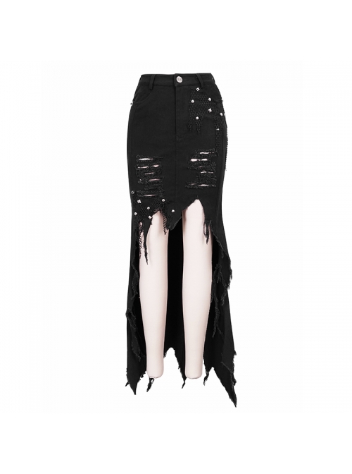 Black Twill Front Short Long Back Broken Holes Mesh Rivet Fishtail Punk Half Skirt