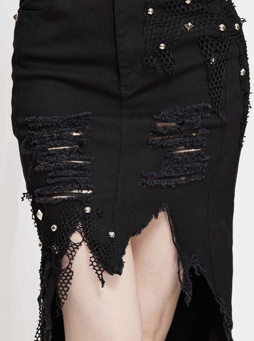 Black Twill Front Short Long Back Broken Holes Mesh Rivet Fishtail Punk Half Skirt