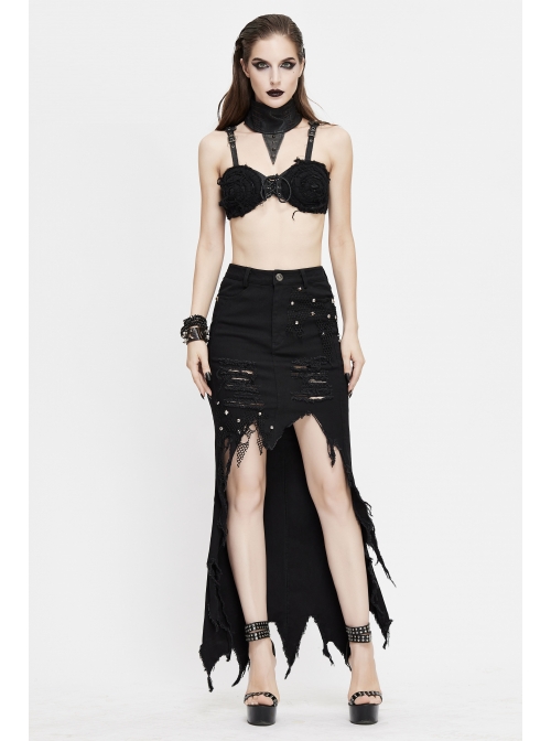 Black Twill Front Short Long Back Broken Holes Mesh Rivet Fishtail Punk Half Skirt