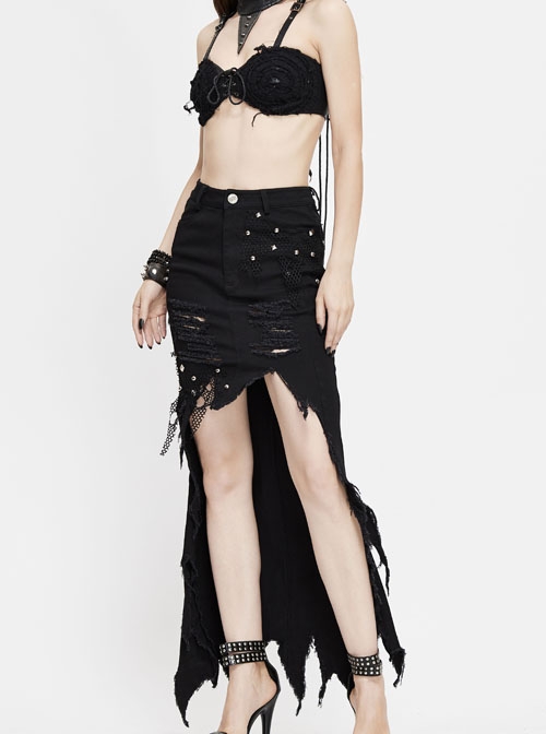 Black Twill Front Short Long Back Broken Holes Mesh Rivet Fishtail Punk Half Skirt