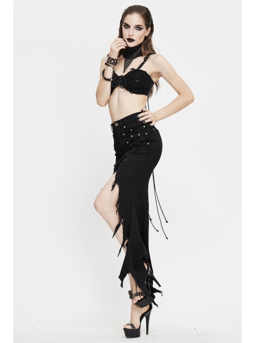 Black Twill Front Short Long Back Broken Holes Mesh Rivet Fishtail Punk Half Skirt
