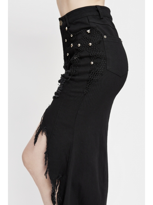 Black Twill Front Short Long Back Broken Holes Mesh Rivet Fishtail Punk Half Skirt