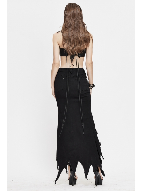 Black Twill Front Short Long Back Broken Holes Mesh Rivet Fishtail Punk Half Skirt