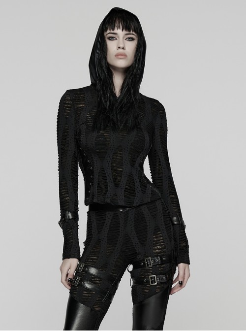 Black Stretch Ragged Knit Slim Fit Cuffs Buckle Loops Long Sleeves Hoodie Decadent Punk Style T-Shirt