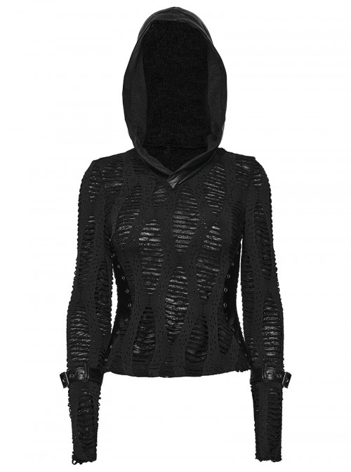 Black Stretch Ragged Knit Slim Fit Cuffs Buckle Loops Long Sleeves Hoodie Decadent Punk Style T-Shirt