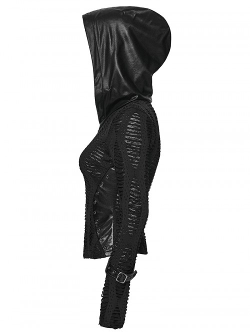 Black Stretch Ragged Knit Slim Fit Cuffs Buckle Loops Long Sleeves Hoodie Decadent Punk Style T-Shirt