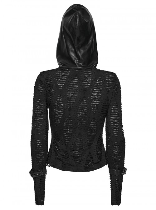Black Stretch Ragged Knit Slim Fit Cuffs Buckle Loops Long Sleeves Hoodie Decadent Punk Style T-Shirt