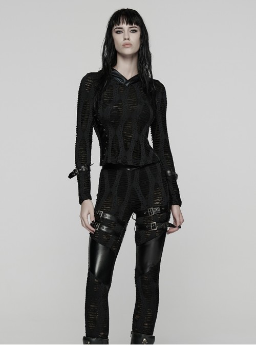 Black Stretch Ragged Knit Slim Fit Cuffs Buckle Loops Long Sleeves Hoodie Decadent Punk Style T-Shirt