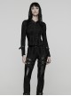 Black Stretch Ragged Knit Slim Fit Cuffs Buckle Loops Long Sleeves Hoodie Decadent Punk Style T-Shirt