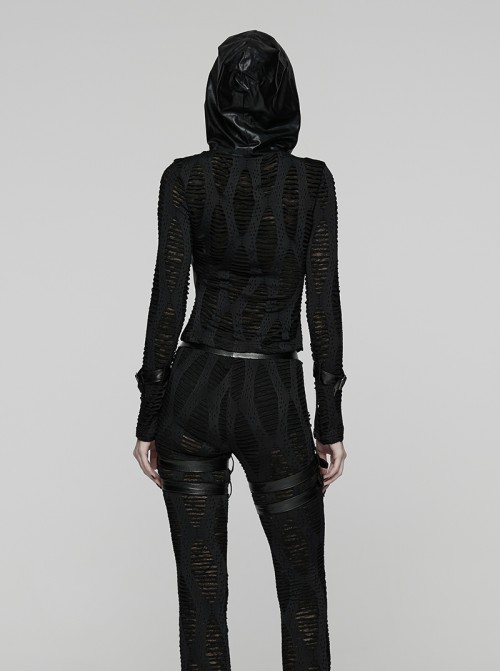 Black Stretch Ragged Knit Slim Fit Cuffs Buckle Loops Long Sleeves Hoodie Decadent Punk Style T-Shirt