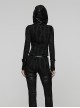Black Stretch Ragged Knit Slim Fit Cuffs Buckle Loops Long Sleeves Hoodie Decadent Punk Style T-Shirt