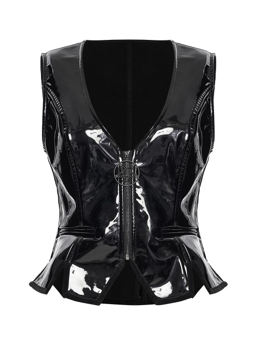 Black Shiny Patent Leather Hollow Star Zipper Pendant V Neck Slim Fit Darkness Gothic Style Vest
