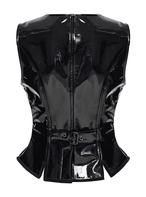 Black Shiny Patent Leather Hollow Star Zipper Pendant V Neck Slim Fit Darkness Gothic Style Vest