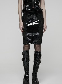Black Glossy Patent Leather Splicing Mesh Sides Hollow Lace Gothic Style Skirt