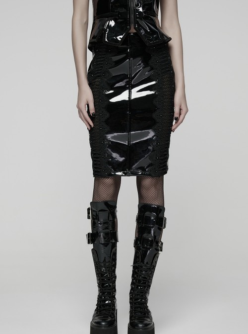 Black Glossy Patent Leather Splicing Mesh Sides Hollow Lace Gothic Style Skirt