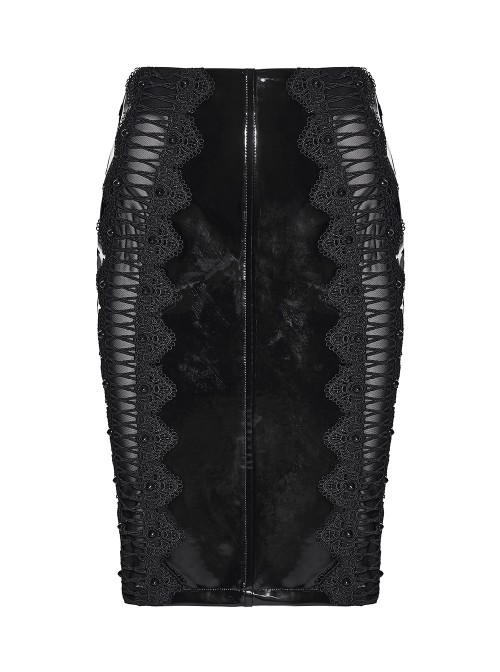 Black Glossy Patent Leather Splicing Mesh Sides Hollow Lace Gothic Style Skirt