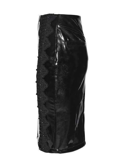 Black Glossy Patent Leather Splicing Mesh Sides Hollow Lace Gothic Style Skirt