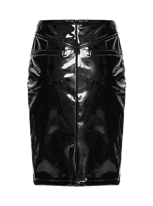 Black Glossy Patent Leather Splicing Mesh Sides Hollow Lace Gothic Style Skirt