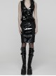 Black Glossy Patent Leather Splicing Mesh Sides Hollow Lace Gothic Style Skirt