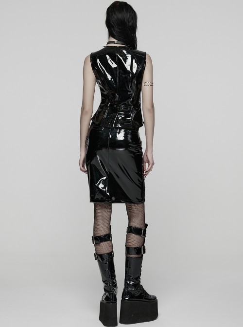 Black Glossy Patent Leather Splicing Mesh Sides Hollow Lace Gothic Style Skirt