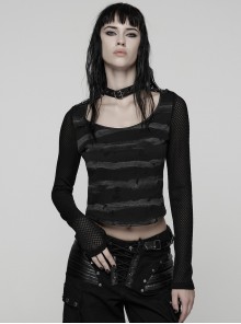 Black Gray Stretch Striped Tattered Knit U-Neck Splicing Mesh Long Sleeves Slim Fit Cool Punk Style T-Shirt