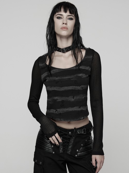 Black Gray Stretch Striped Tattered Knit U-Neck Splicing Mesh Long Sleeves Slim Fit Cool Punk Style T-Shirt