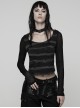 Black Gray Stretch Striped Tattered Knit U-Neck Splicing Mesh Long Sleeves Slim Fit Cool Punk Style T-Shirt