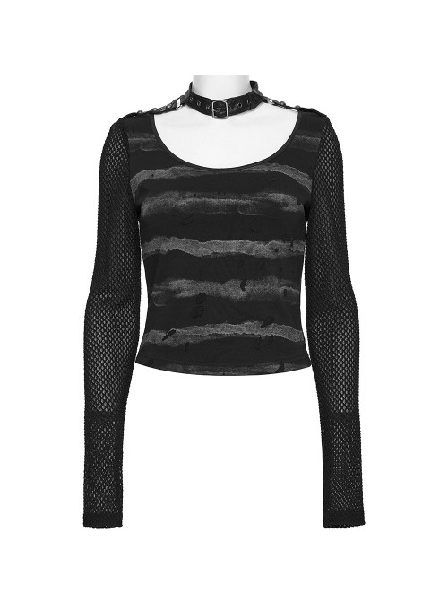 Black Gray Stretch Striped Tattered Knit U-Neck Splicing Mesh Long Sleeves Slim Fit Cool Punk Style T-Shirt